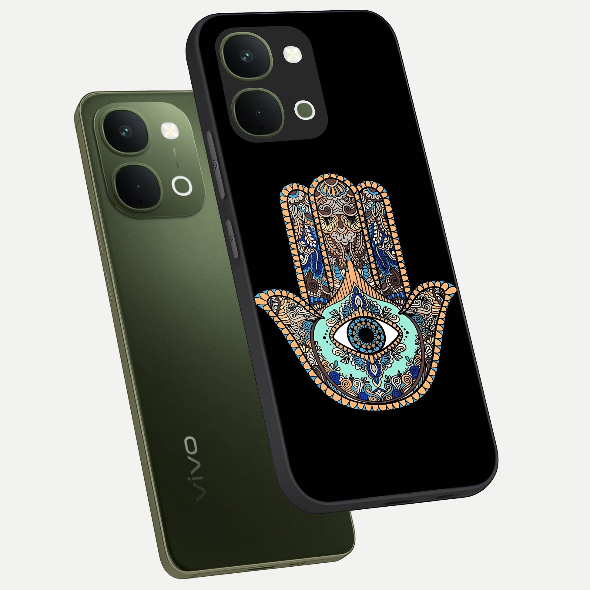 Mystic Hamsa Eye Glass Case displayed in angled mockup highlighting spiritual hamsa symbol with mystical aesthetic style.