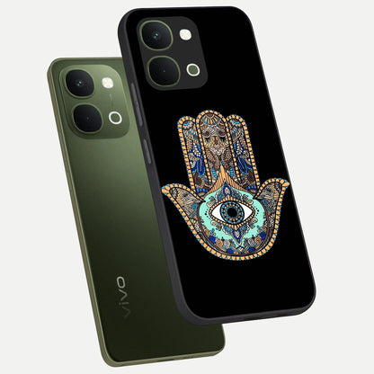 Mystic Hamsa Eye Glass Case displayed in angled mockup highlighting spiritual hamsa symbol with mystical aesthetic style.