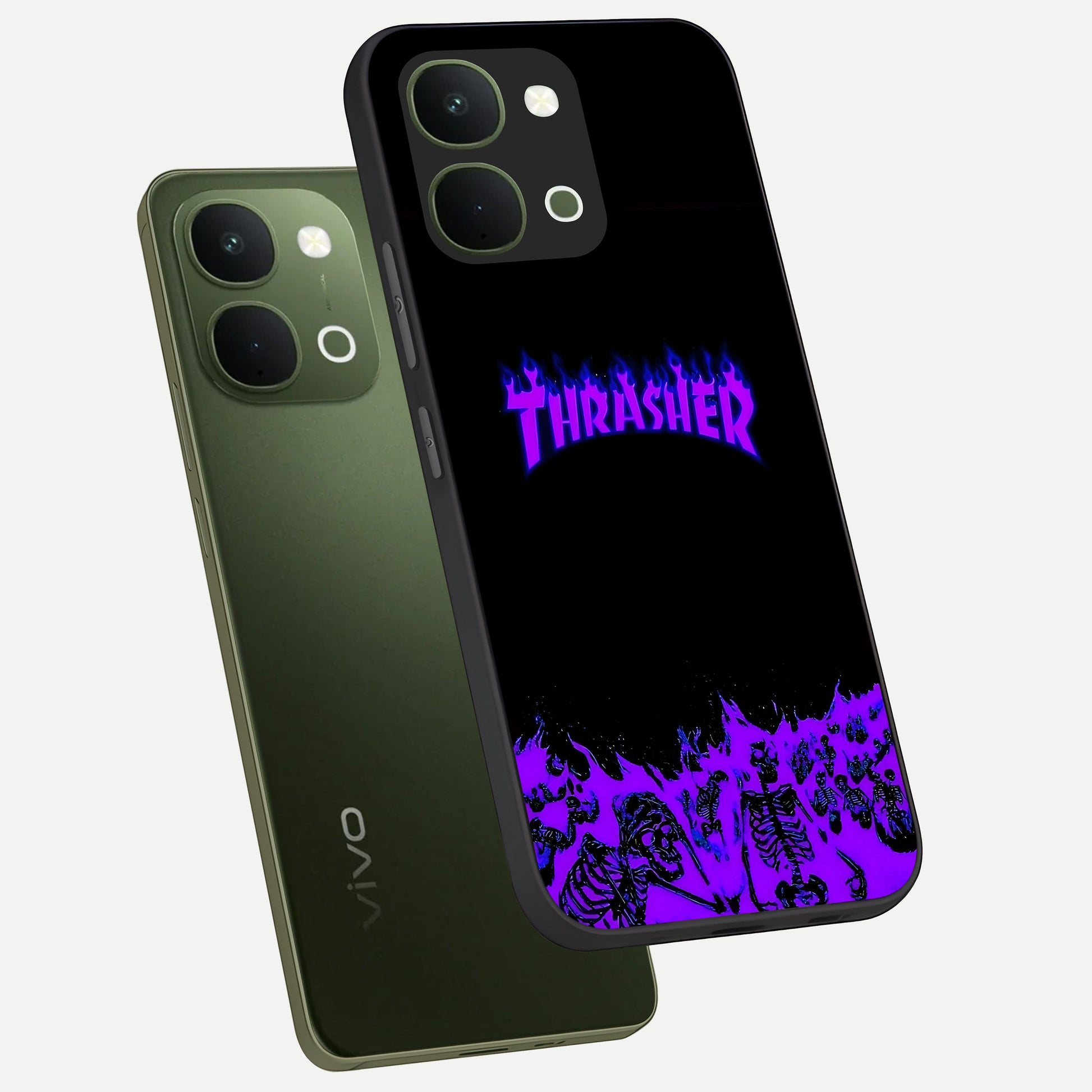 Neon Flame Riot Glass Case displayed in angled mockup highlighting glowing flame design with vibrant neon aesthetic.