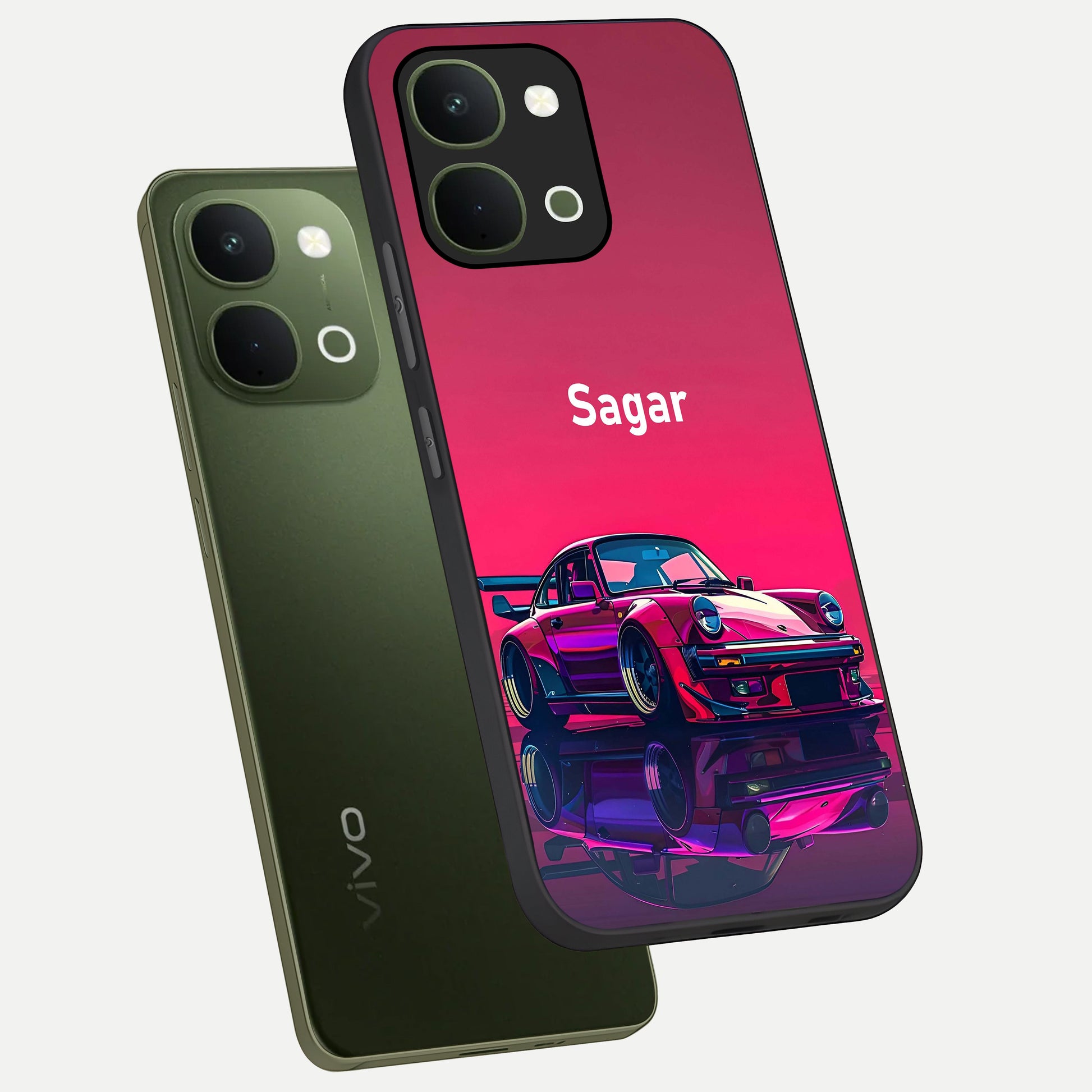 Neon Pink Porsche Glass Case displayed in angled mockup highlighting sleek neon pink car design with racing aesthetic.