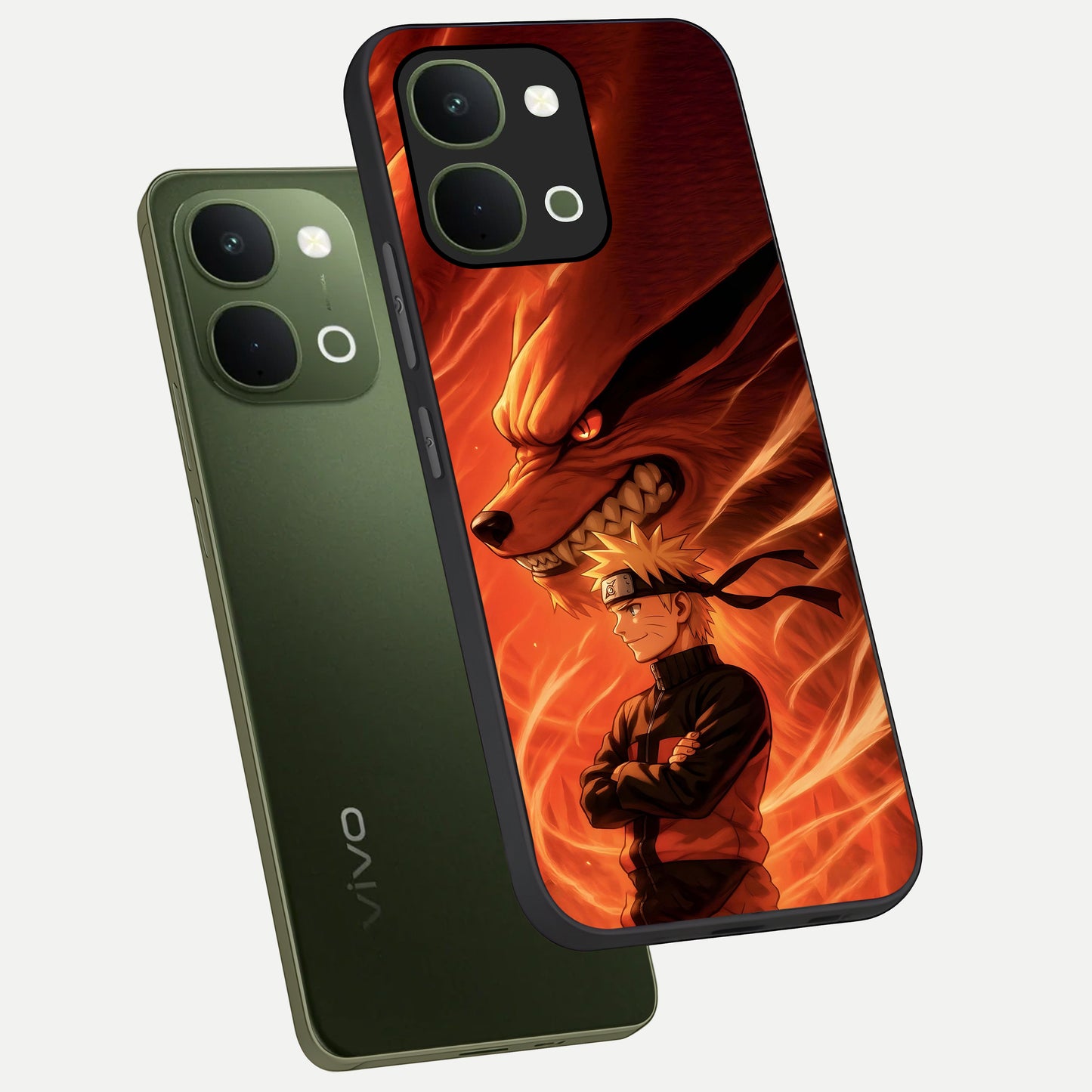 Nine Tails Legacy Glass Case displayed in angled mockup highlighting dynamic anime beast illustration with bold mystical aesthetic.