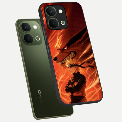 Nine Tails Legacy Glass Case displayed in angled mockup highlighting dynamic anime beast illustration with bold mystical aesthetic.