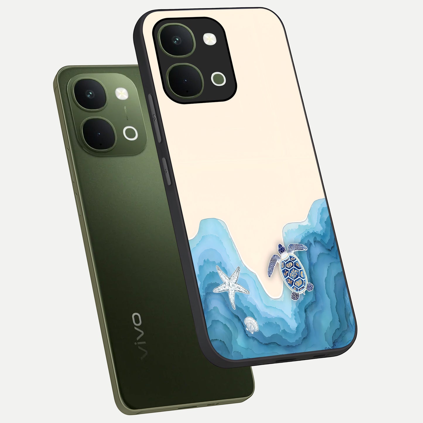 Ocean Drift Turtle Glass Case displayed in angled mockup highlighting peaceful ocean turtle illustration with marine aesthetic.