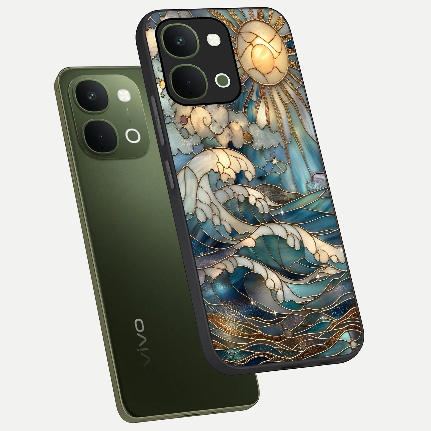 Oceanic Stained Printed Glass Case displayed in angled mockup highlighting colorful aquatic design with artistic aesthetic style.