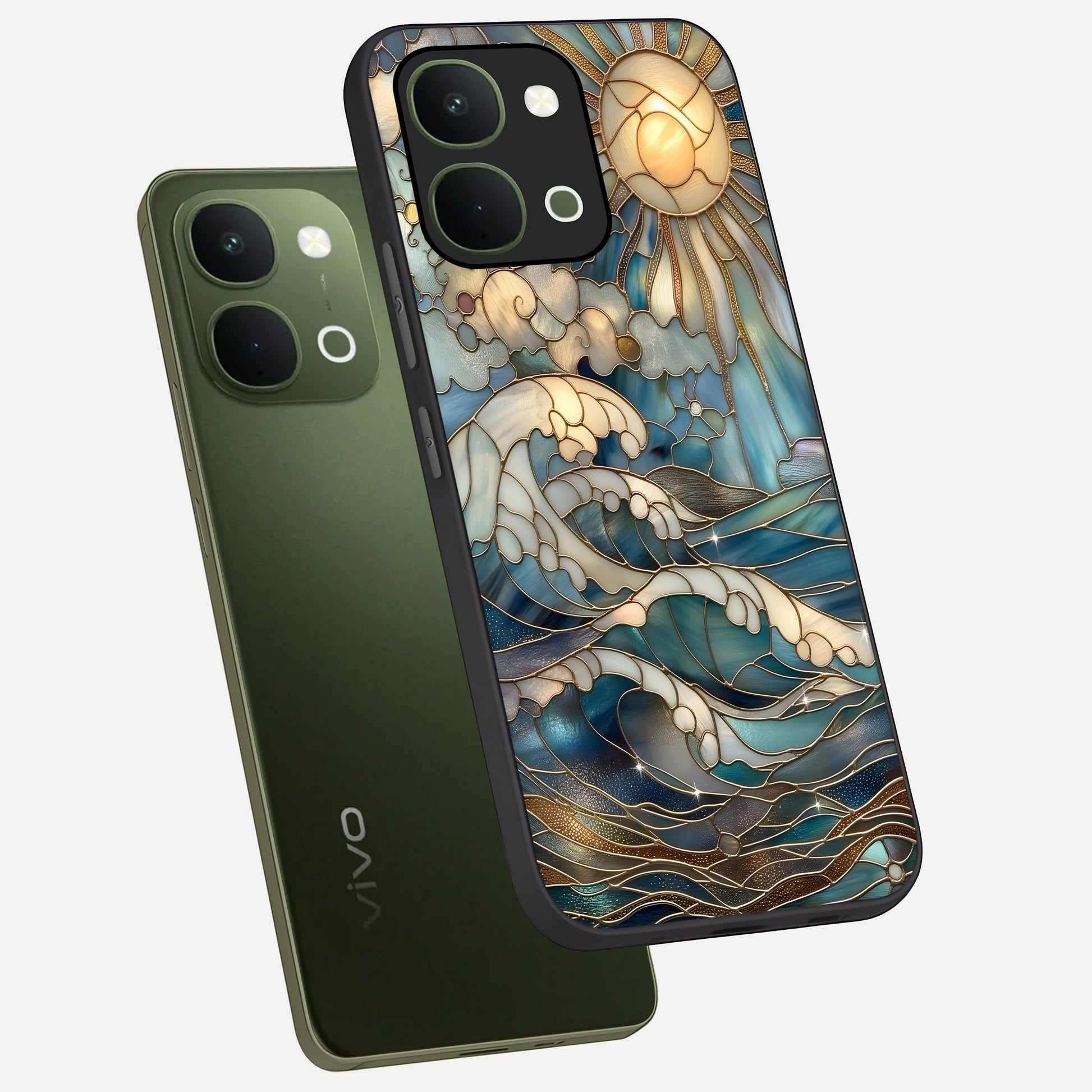 Oceanic Stained Printed Glass Case displayed in angled mockup highlighting colorful aquatic design with artistic aesthetic style.