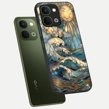 Oceanic Stained Printed Glass Case displayed in angled mockup highlighting colorful aquatic design with artistic aesthetic style.