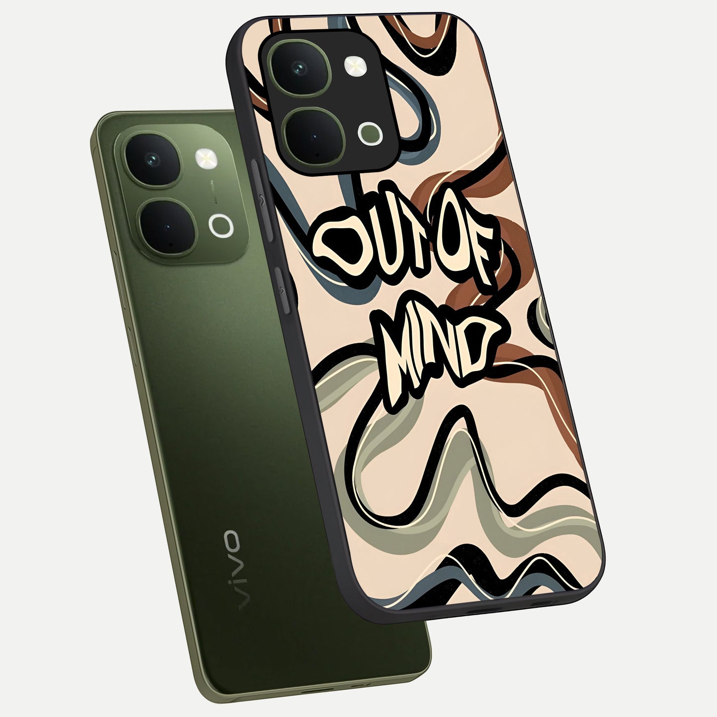 Out Of Mind Glass Case displayed in angled mockup highlighting bold statement design with modern artistic aesthetic.