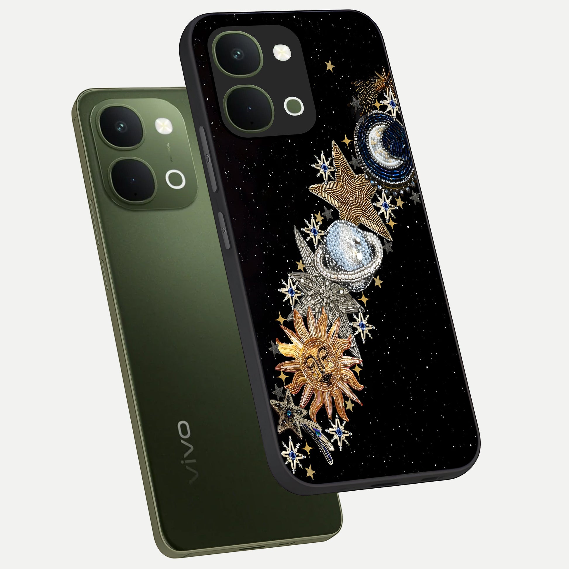 Pearls Universe Object Glass Case displayed in angled mockup highlighting celestial pearl design with dreamy aesthetic.