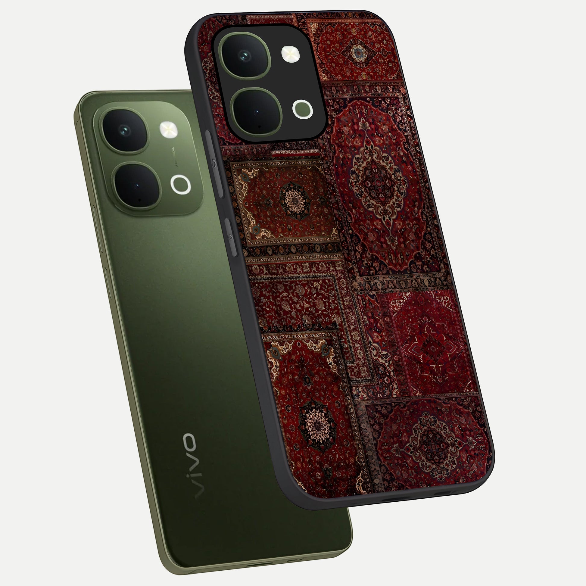 Persian Velvet Tale Glass Case displayed in angled mockup highlighting ornate textile inspired design with royal aesthetic.