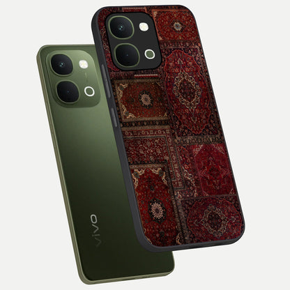 Persian Velvet Tale Glass Case displayed in angled mockup highlighting ornate textile inspired design with royal aesthetic.