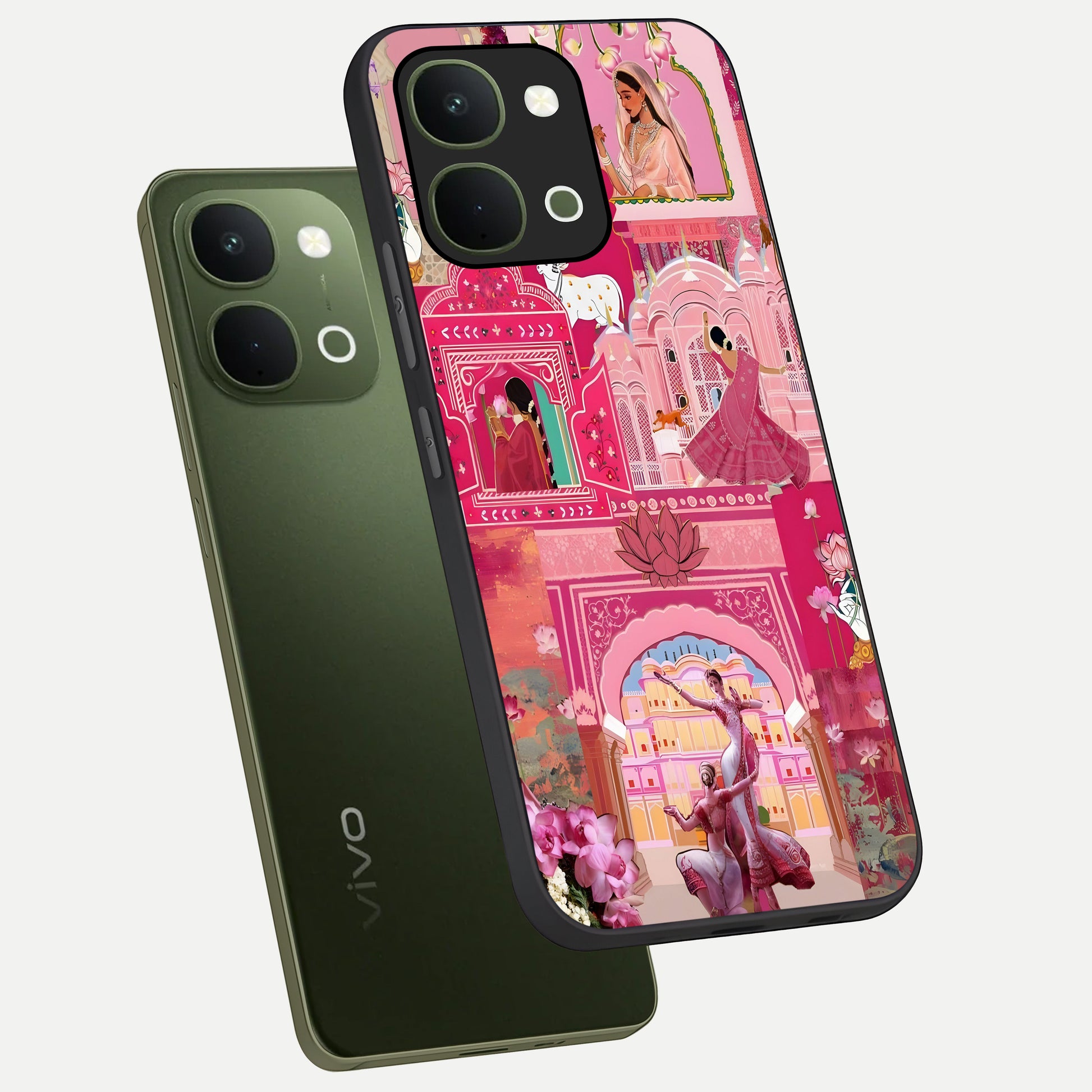 Pink Palace Muse Glass Case displayed in angled mockup highlighting dreamy palace illustration with soft pink aesthetic.