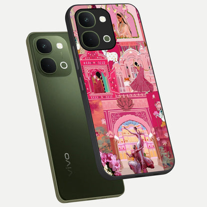 Pink Palace Muse Glass Case displayed in angled mockup highlighting dreamy palace illustration with soft pink aesthetic.