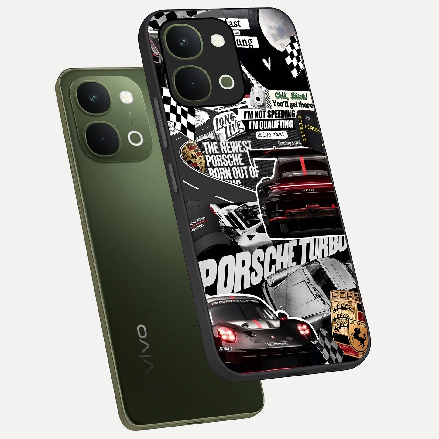 Porsche Racing Collage Glass Case displayed in angled mockup highlighting dynamic automotive design with bold racing aesthetic.