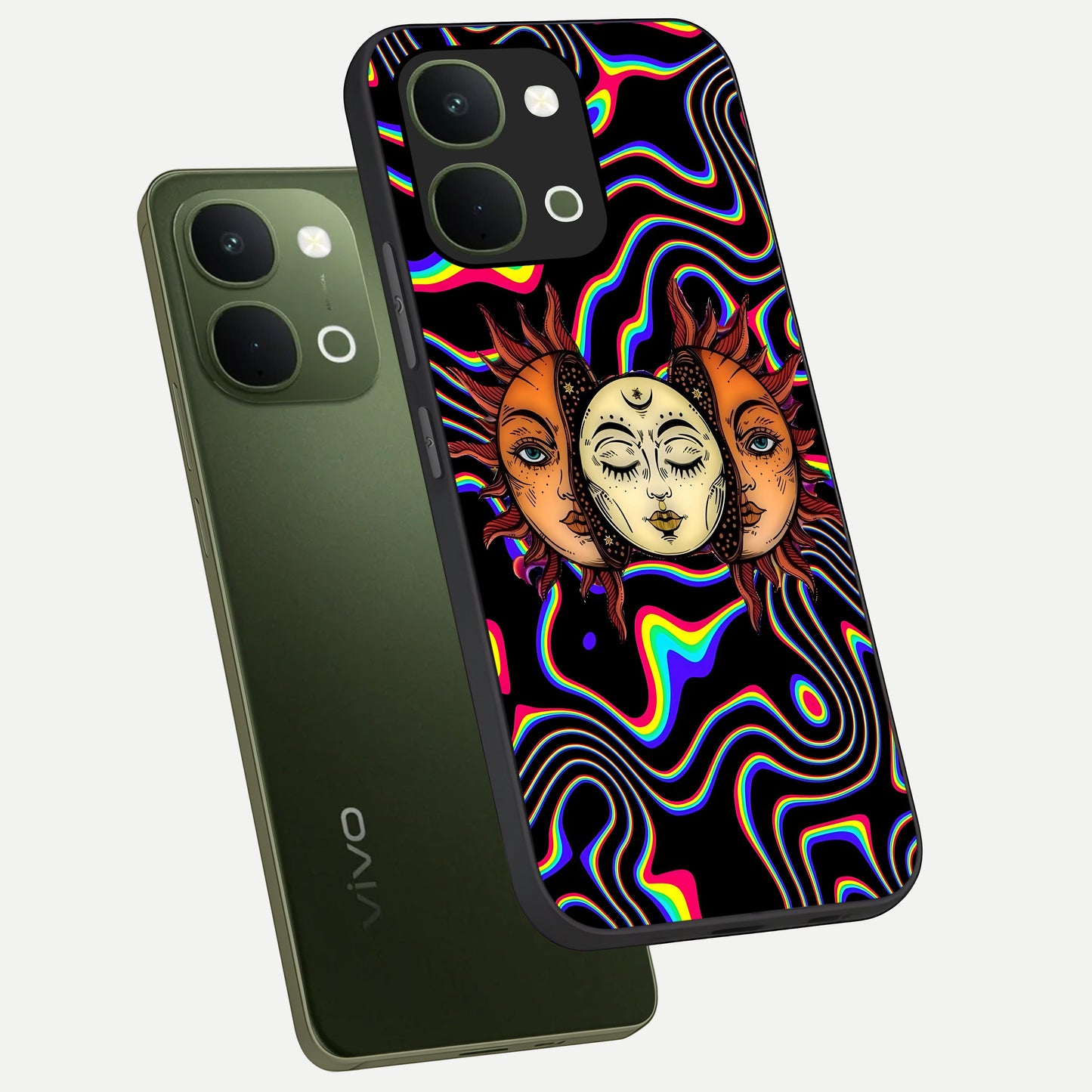 Psychedelic Sun Glass Case displayed in angled mockup highlighting vibrant abstract sun design with artistic aesthetic style.