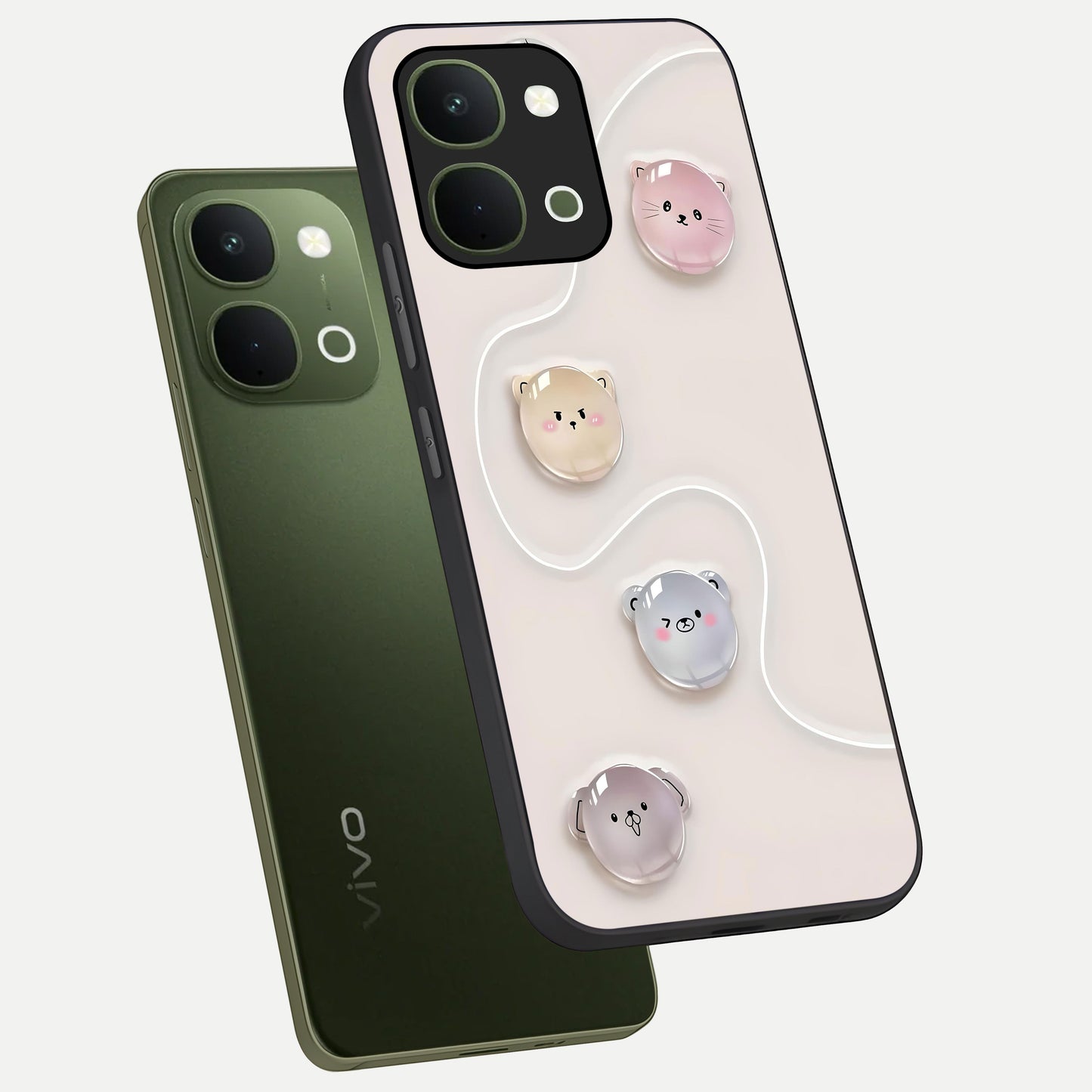 Puffy Face Parade Glass Case displayed in angled mockup highlighting playful cartoon face design with fun aesthetic.