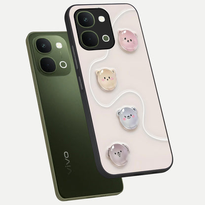 Puffy Face Parade Glass Case displayed in angled mockup highlighting playful cartoon face design with fun aesthetic.
