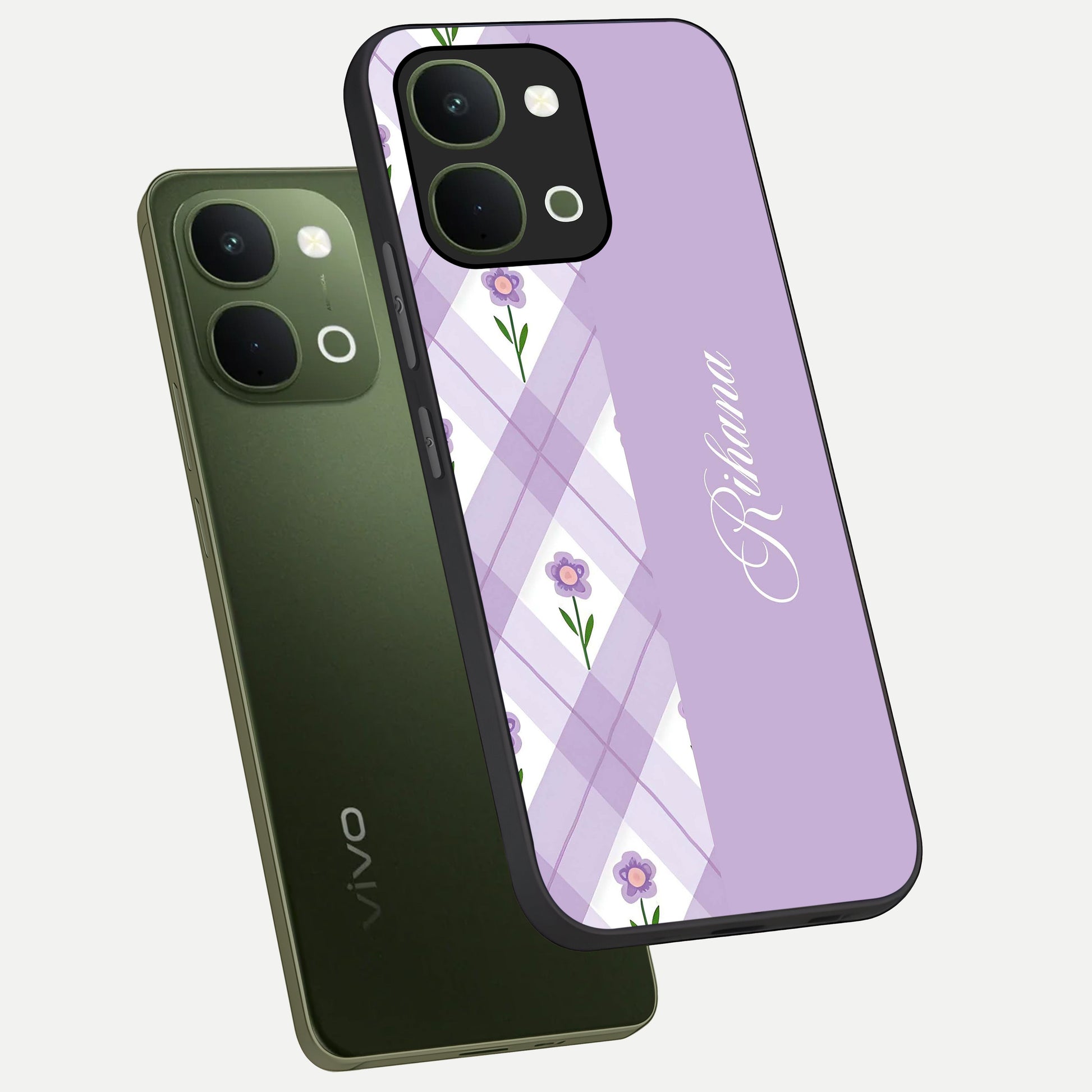 Purple Diamond Floral Glass Case displayed in angled mockup highlighting elegant purple flower design with decorative pattern.