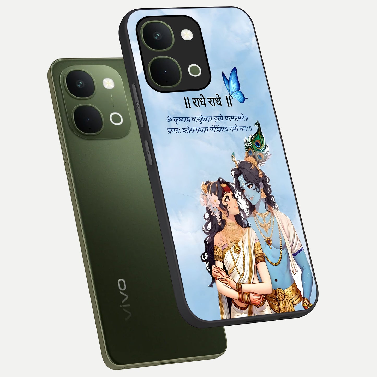 Radha Krishna Eternal Glass Case displayed in angled mockup highlighting divine Radha Krishna illustration with spiritual aesthetic.
