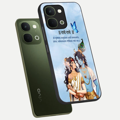 Radha Krishna Eternal Glass Case displayed in angled mockup highlighting divine Radha Krishna illustration with spiritual aesthetic.