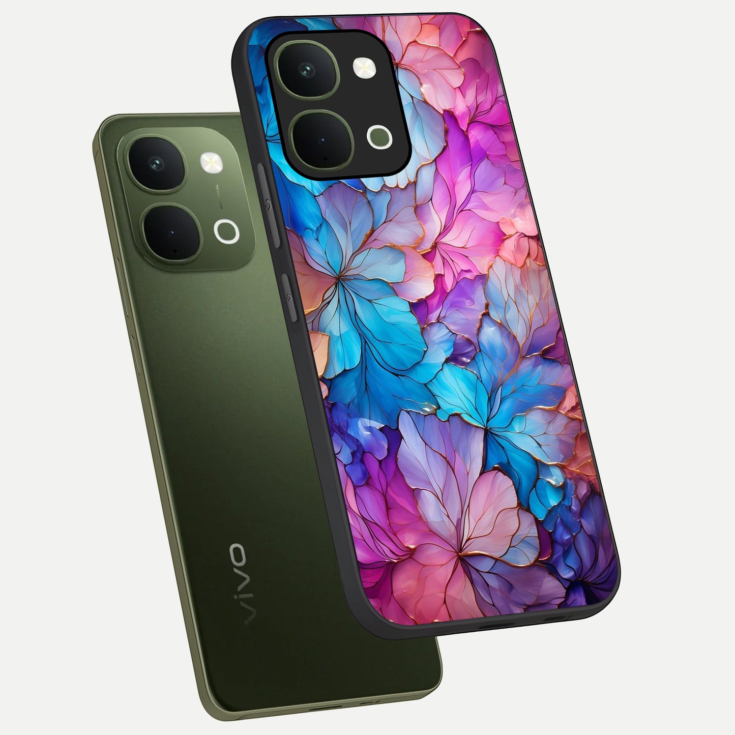 Radiant Floral Whirl Glass Case displayed in angled mockup highlighting vibrant flower pattern with dynamic artistic aesthetic.