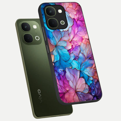 Radiant Floral Whirl Glass Case displayed in angled mockup highlighting vibrant flower pattern with dynamic artistic aesthetic.