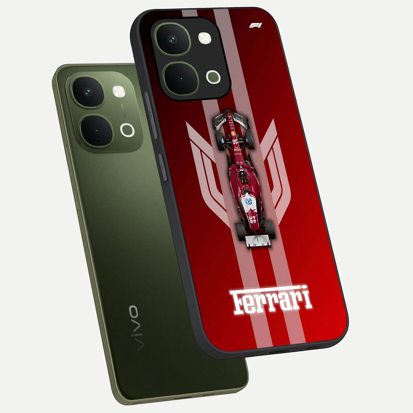 Red Ferrari F1 Vertical Glass Case displayed in angled mockup highlighting high speed racing design with bold automotive aesthetic.