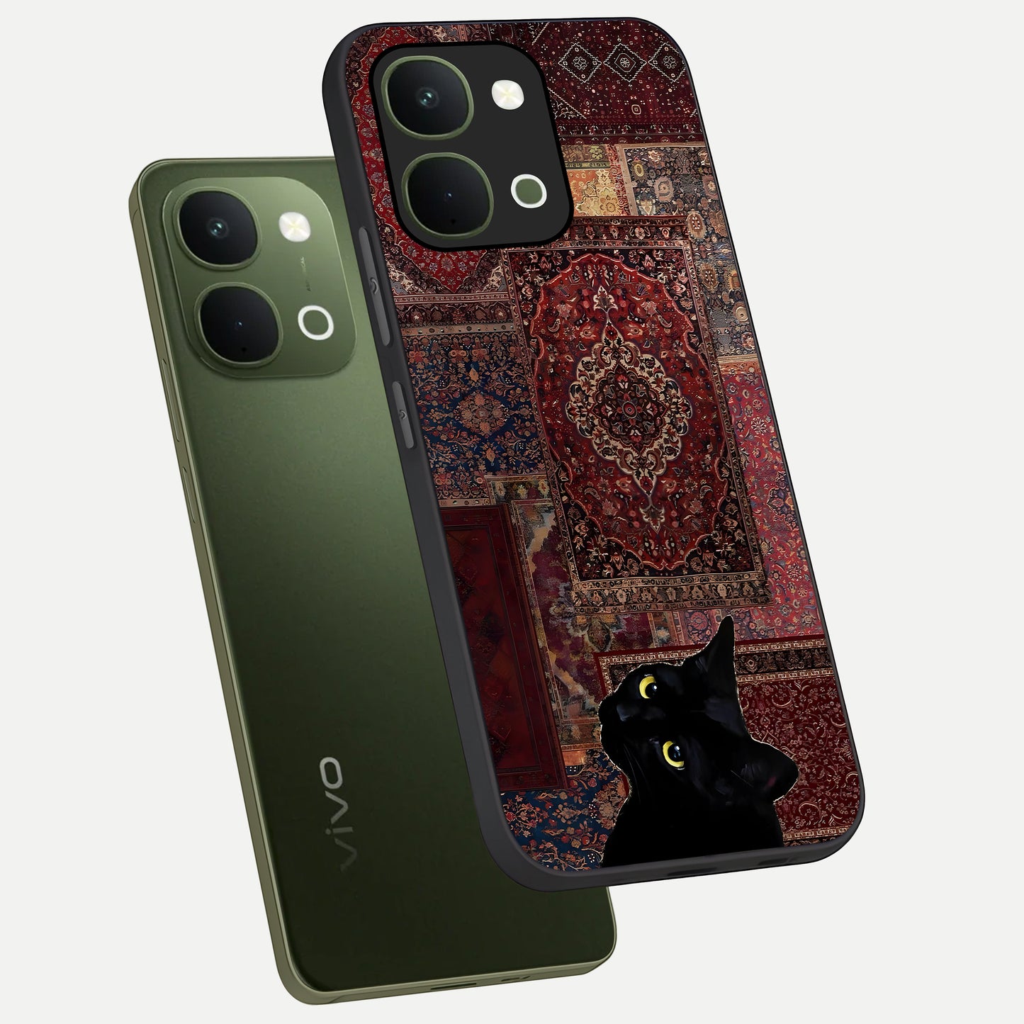 Regal Magic Cat Apple Glass Case displayed in angled mockup highlighting whimsical feline design with fantasy aesthetic.