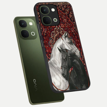 Regal Stallion Tapestry Glass Case displayed in angled mockup highlighting royal stallion design with decorative heritage aesthetic.
