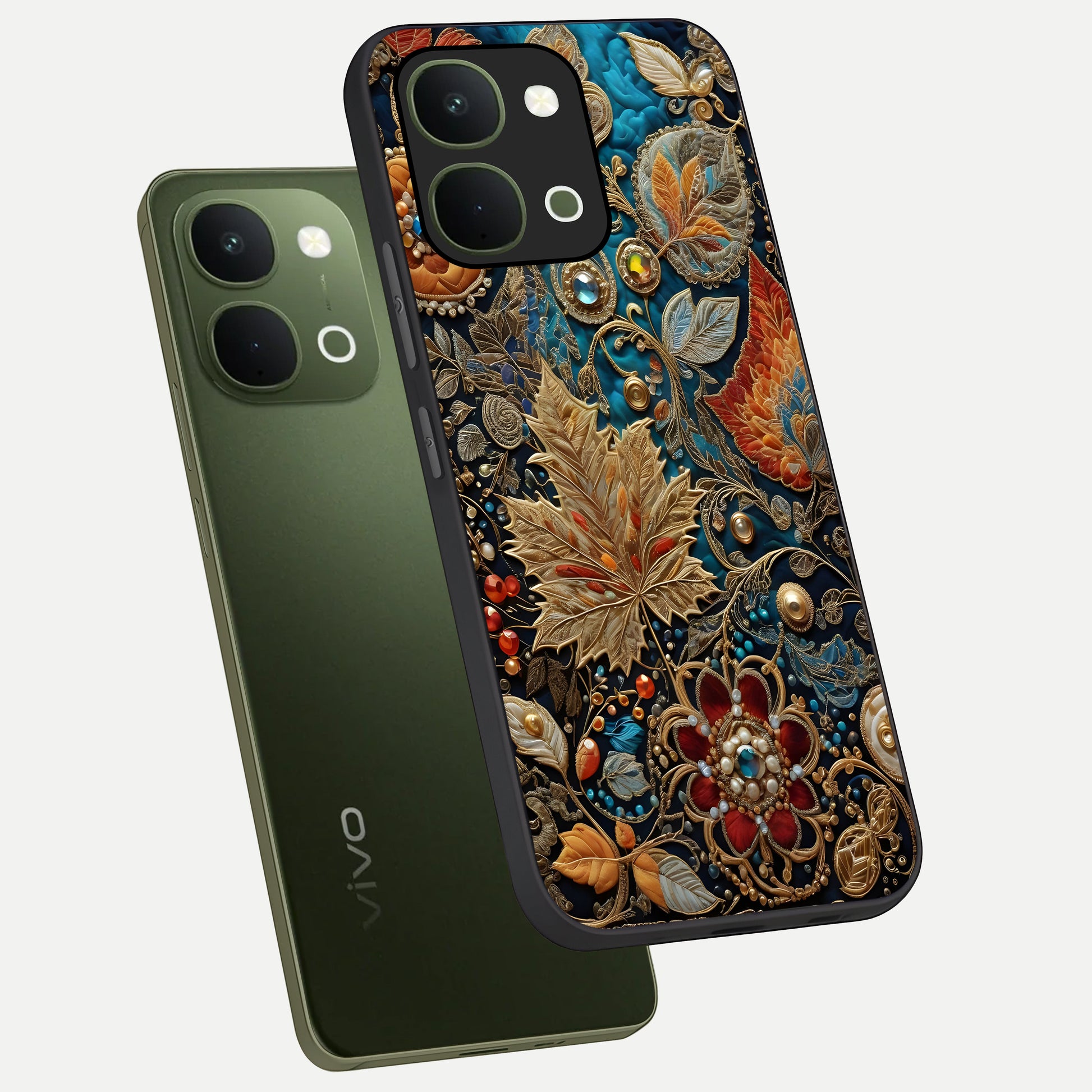 Royal Jewel Garden Glass Case displayed in angled mockup highlighting vibrant jewel inspired floral design with elegant aesthetic.