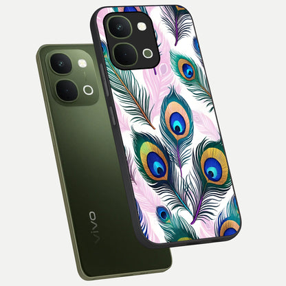 Royal Peacock Feathers Glass Case displayed in angled mockup highlighting vibrant feather pattern with regal aesthetic style.