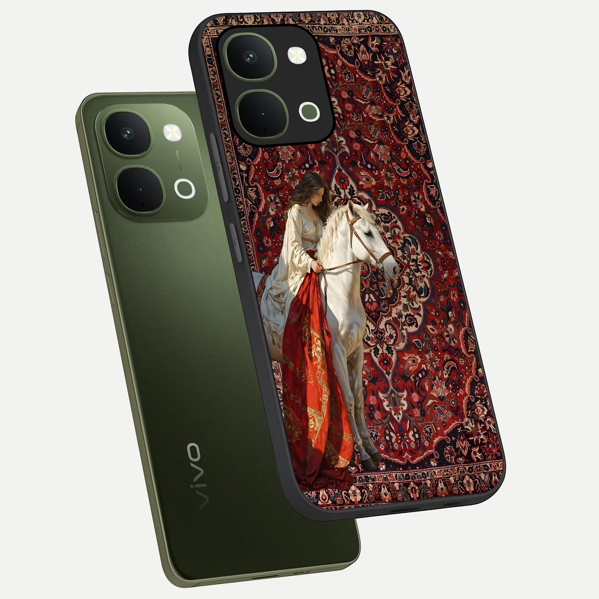 Royal Rider Tapestry Glass Case displayed in angled mockup highlighting traditional tapestry design with royal heritage aesthetic.