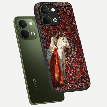 Royal Rider Tapestry Glass Case displayed in angled mockup highlighting traditional tapestry design with royal heritage aesthetic.