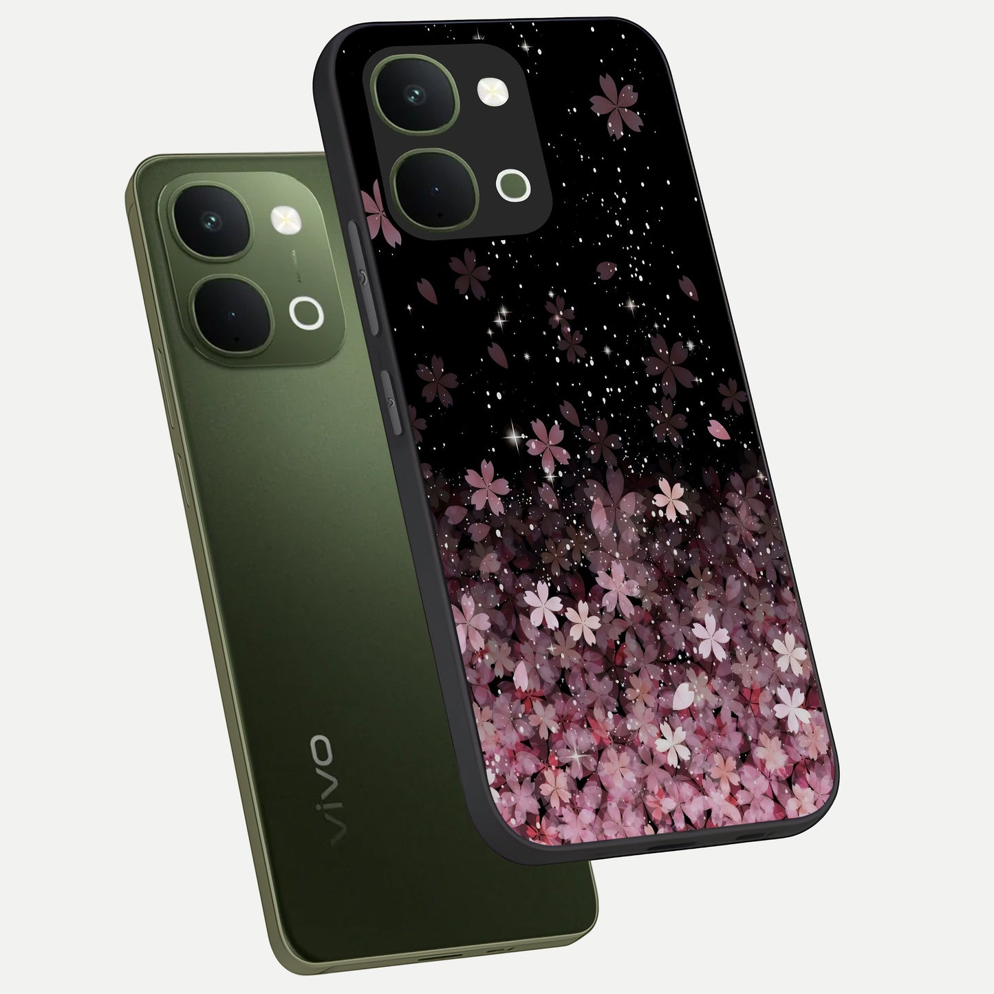 Small Starry Flowers Glass Case displayed in angled mockup highlighting tiny flower pattern with celestial aesthetic style.