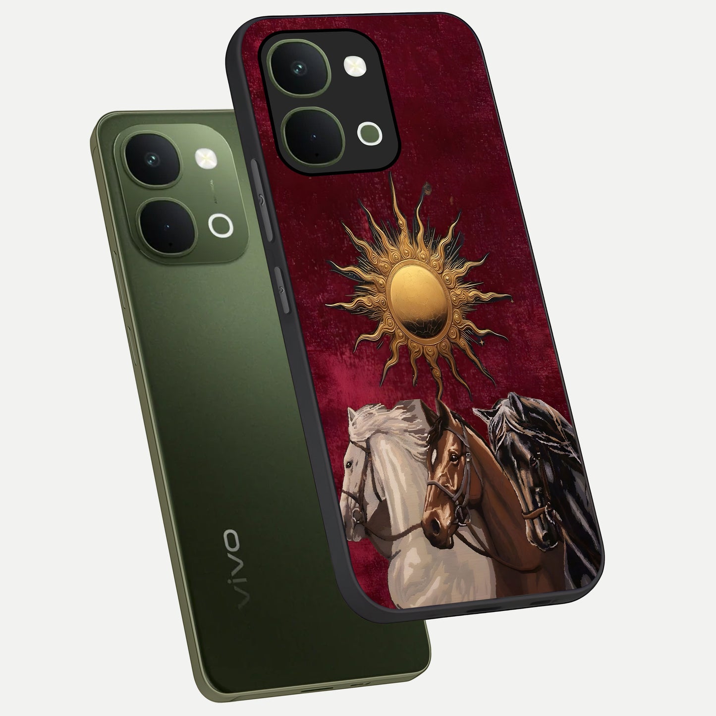 Solar Riders Glass Case displayed in angled mockup highlighting powerful rider illustration with radiant solar aesthetic.