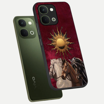 Solar Riders Glass Case displayed in angled mockup highlighting powerful rider illustration with radiant solar aesthetic.