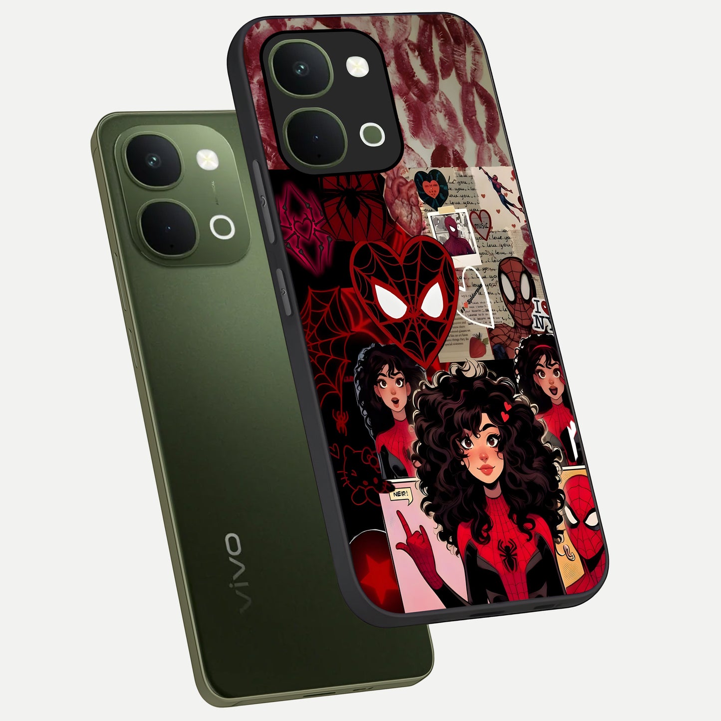 Spider Love Story Glass Case displayed in angled mockup highlighting expressive comic inspired design with playful aesthetic.