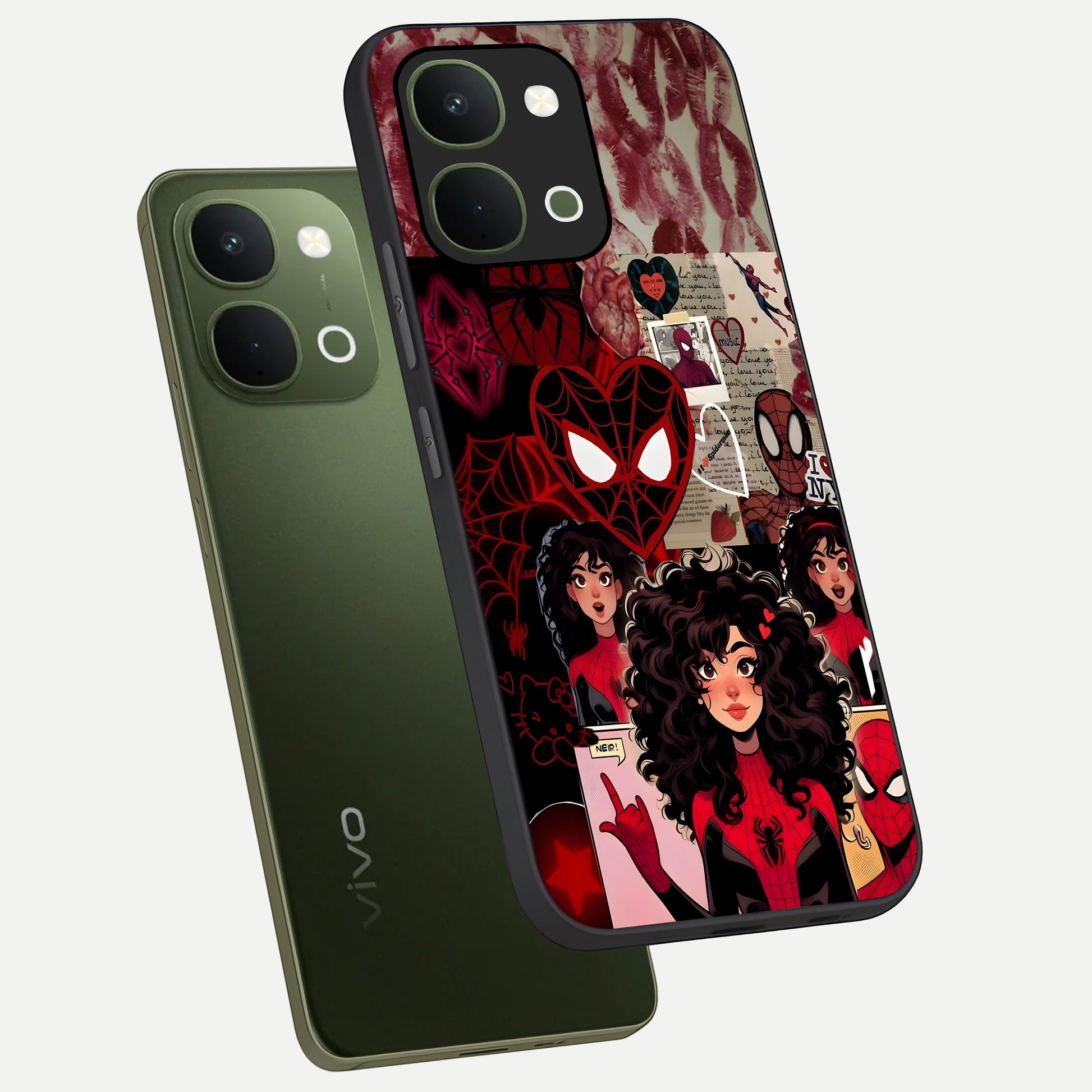 Spider Love Story Glass Case displayed in angled mockup highlighting expressive comic inspired design with playful aesthetic.