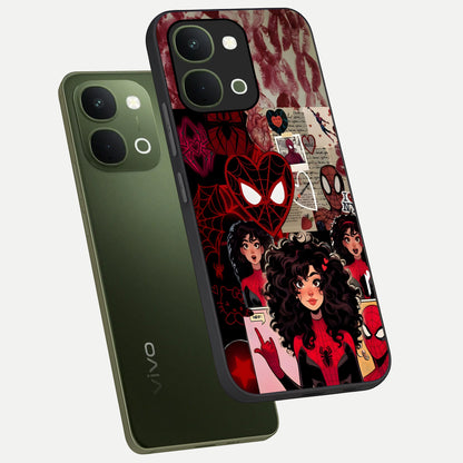 Spider Love Story Glass Case displayed in angled mockup highlighting expressive comic inspired design with playful aesthetic.