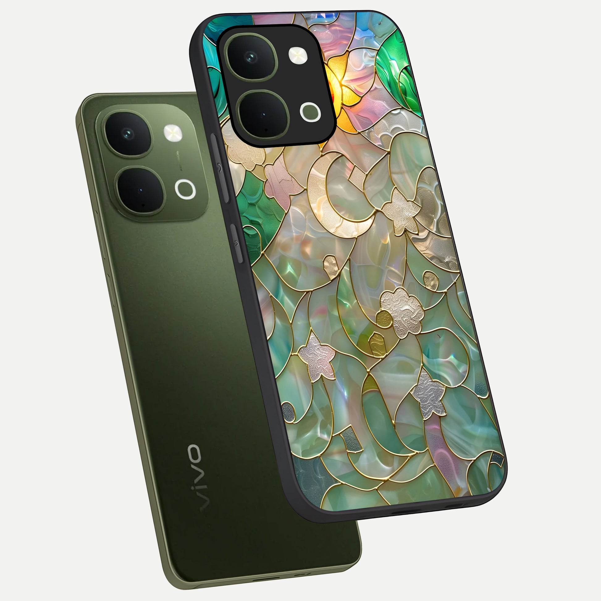 Stained Sunrise Glow Glass Case displayed in angled mockup highlighting radiant sunrise design with artistic aesthetic style.
