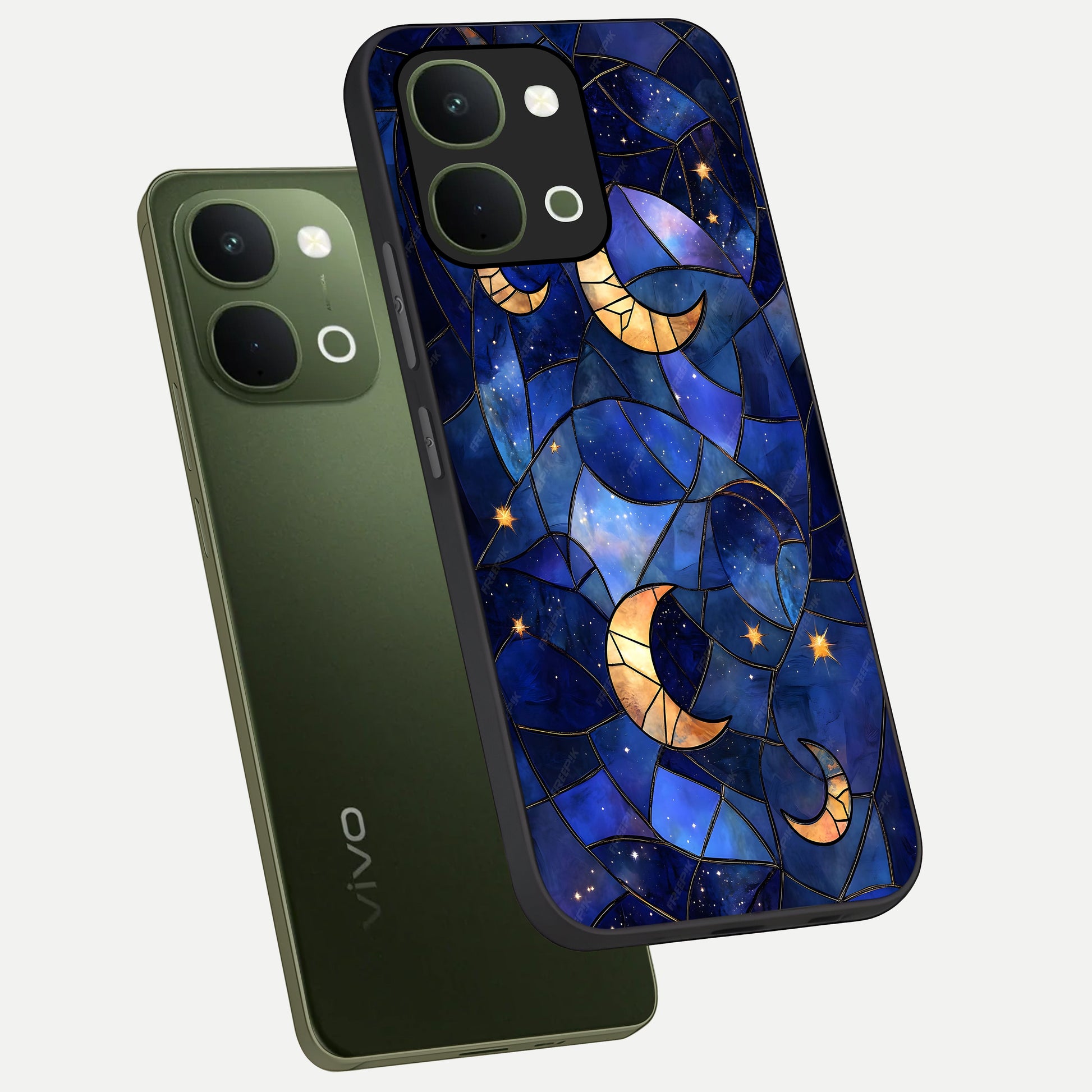 Starlit Sky Tapestry Glass Case displayed in angled mockup highlighting celestial night pattern with artistic aesthetic style.