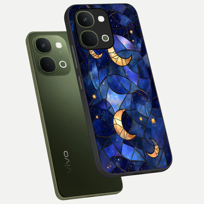 Starlit Sky Tapestry Glass Case displayed in angled mockup highlighting celestial night pattern with artistic aesthetic style.