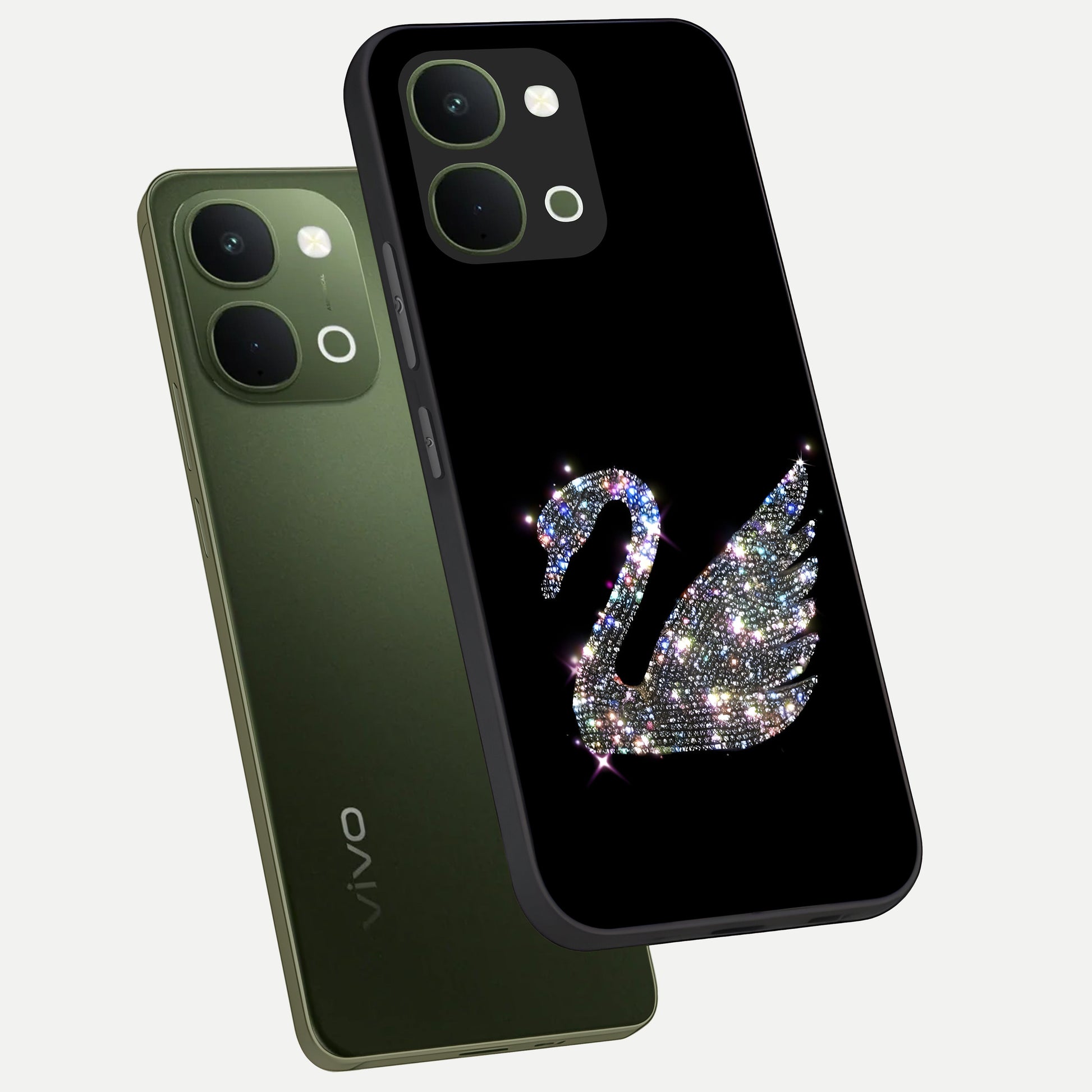 Starlit Swan Grace Glass Case displayed in angled mockup highlighting elegant swan illustration with dreamy celestial aesthetic.