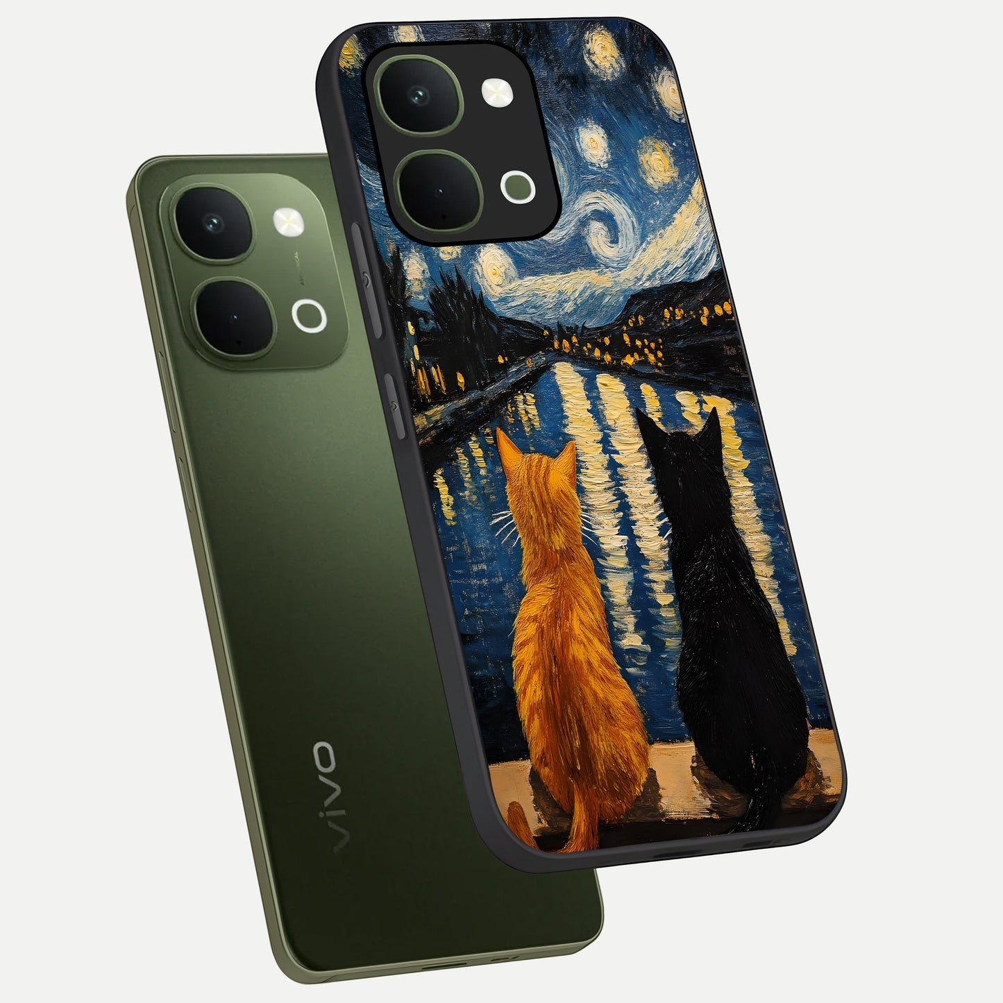 Starry River Cats Glass Case displayed in angled mockup highlighting charming feline illustration with dreamy night aesthetic.