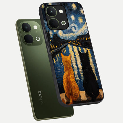 Starry River Cats Glass Case displayed in angled mockup highlighting charming feline illustration with dreamy night aesthetic.