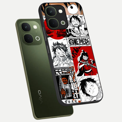 Strawhat Chaos Panels Glass Case displayed in angled mockup highlighting vibrant anime collage design with action aesthetic.