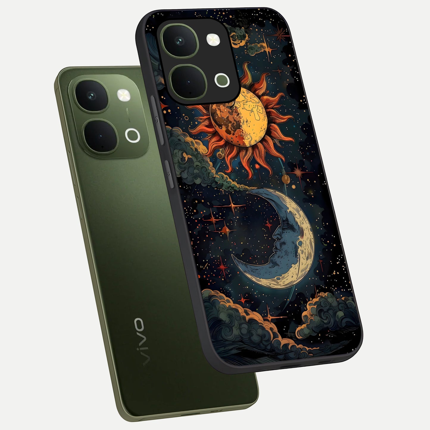 Sun And Moon Magic Design Glass Case displayed in angled mockup highlighting celestial design with magical cosmic aesthetic.