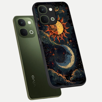 Sun And Moon Magic Design Glass Case displayed in angled mockup highlighting celestial design with magical cosmic aesthetic.