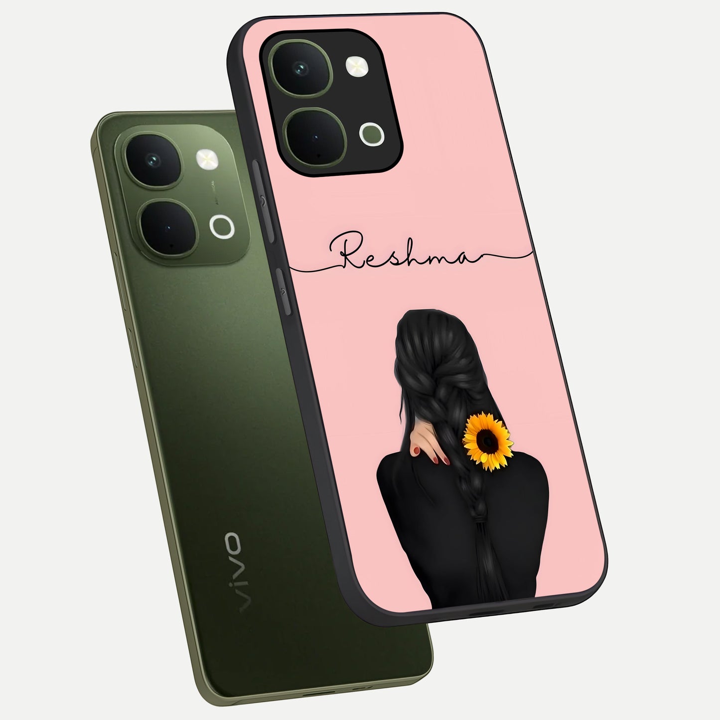 Sunflower Braid Beauty With Custom Name Glass Case displayed in angled mockup highlighting elegant sunflower design with custom name feature.
