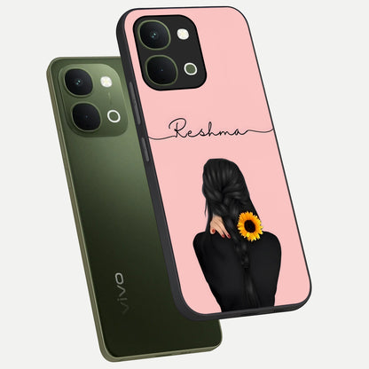 Sunflower Braid Beauty With Custom Name Glass Case displayed in angled mockup highlighting elegant sunflower design with custom name feature.
