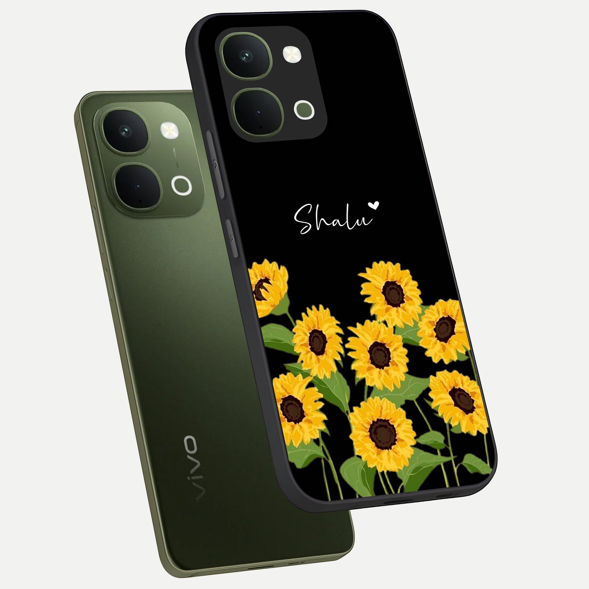 Sunflower Chic Mood Custom Name Glass Case displayed in angled mockup highlighting vibrant sunflower design with custom name feature.